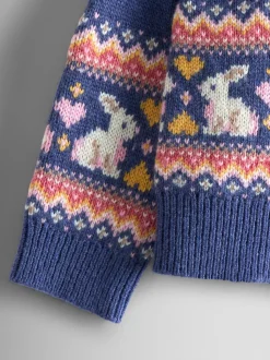 JoJo Maman Bébé Dusky Blue Bunny Frill Shoulder Fair Isle Cardigan