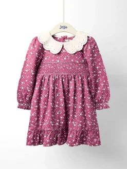 JoJo Maman Bébé Dusky Pink Floral Smocked Jersey Dress with Broderie Collar