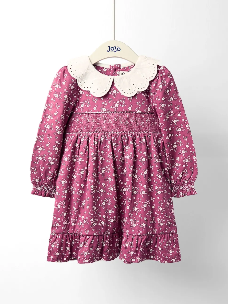 JoJo Maman Bébé Dusky Pink Floral Smocked Jersey Dress with Broderie Collar