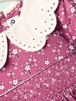 JoJo Maman Bébé Dusky Pink Floral Smocked Jersey Dress with Broderie Collar