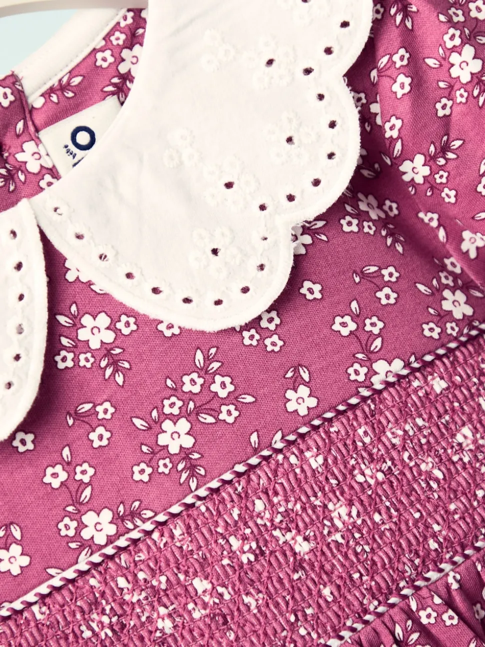JoJo Maman Bébé Dusky Pink Floral Smocked Jersey Dress with Broderie Collar
