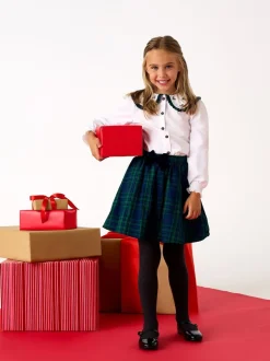 JoJo Maman Bébé Green Blouse & Tartan Skirt Set