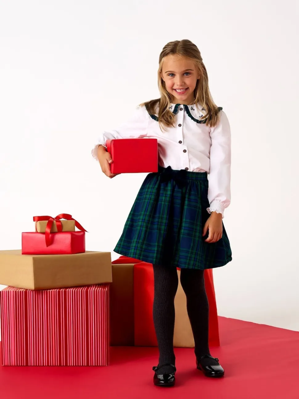 JoJo Maman Bébé Green Blouse & Tartan Skirt Set