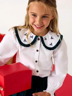 JoJo Maman Bébé Green Blouse & Tartan Skirt Set