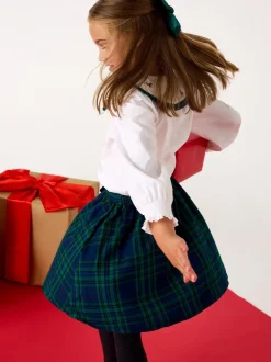 JoJo Maman Bébé Green Blouse & Tartan Skirt Set