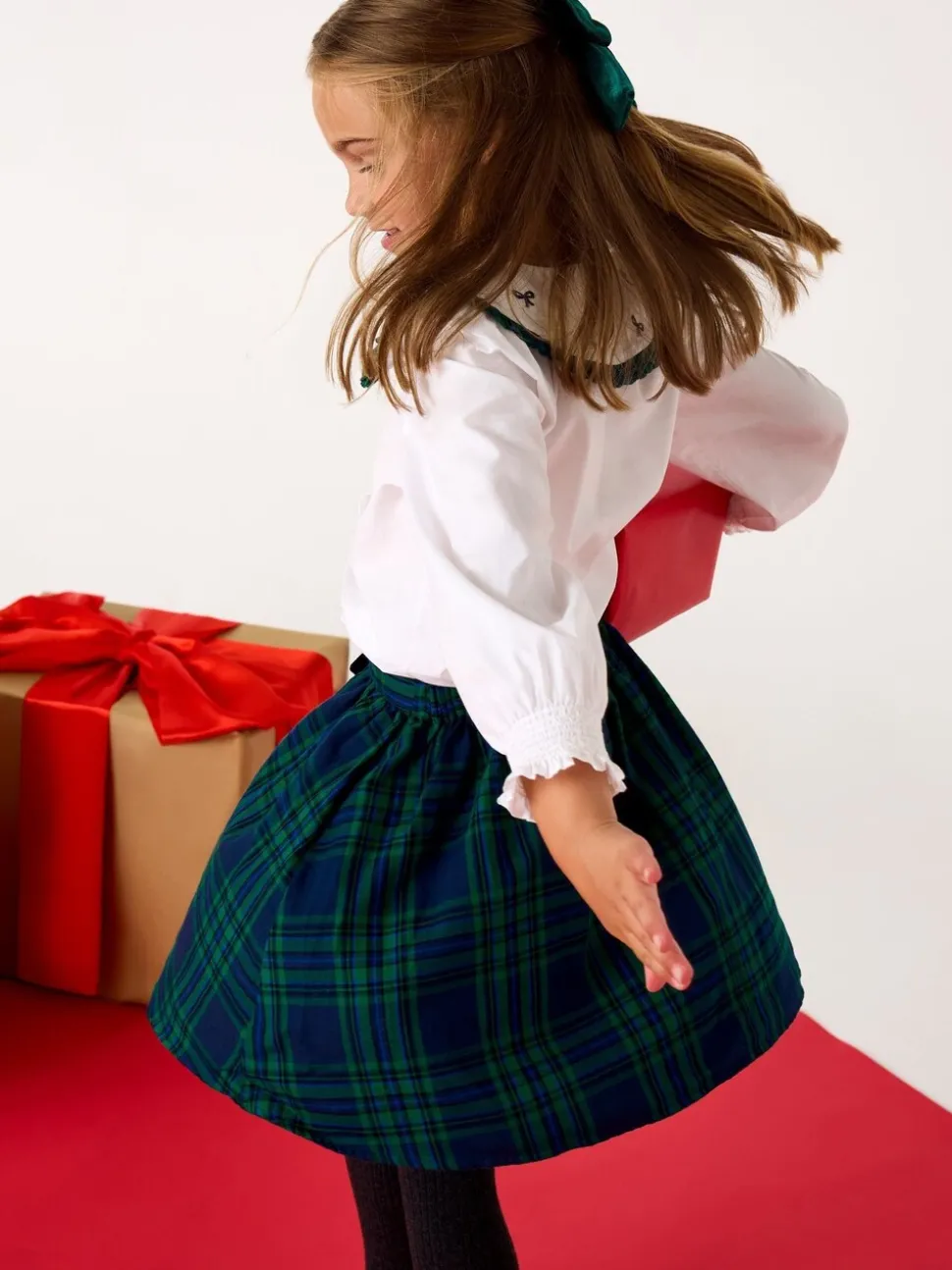JoJo Maman Bébé Green Blouse & Tartan Skirt Set