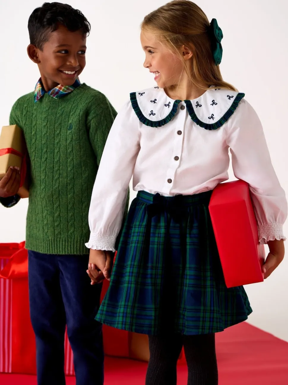JoJo Maman Bébé Green Blouse & Tartan Skirt Set