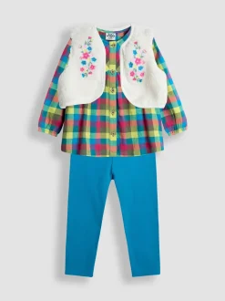 JoJo Maman Bébé Green Check Blouse, Leggings & Borg Gilet Set