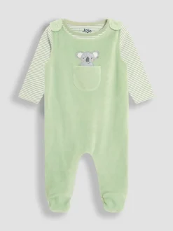 JoJo Maman Bébé Green Cotton Footed 2-Piece Dungarees Set