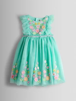 JoJo Maman Bébé Light Green Ruffle Tulle Appliqué Party Dress