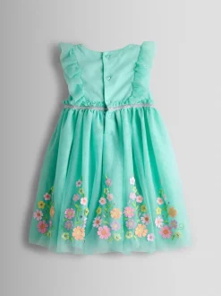 JoJo Maman Bébé Light Green Ruffle Tulle Appliqué Party Dress
