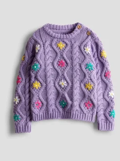 JoJo Maman Bébé Lilac Purple Embroidered Chunky Knit Jumper