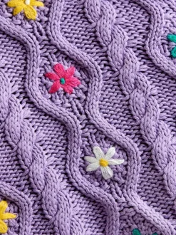 JoJo Maman Bébé Lilac Purple Embroidered Chunky Knit Jumper