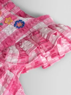 JoJo Maman Bébé Mid Pink Frill Shoulder Embroidered Romper