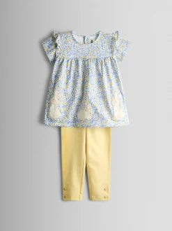 JoJo Maman Bébé Mid Yellow Bunny Appliqué Frill Top And Leggings Set
