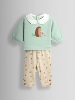 JoJo Maman Bébé Mint Hedgehog Collared Appliqué Sweatshirt & Legging Set