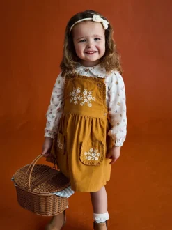 JoJo Maman Bébé Mustard Yellow Embroidered Cord Pinafore Dress & Blouse Set