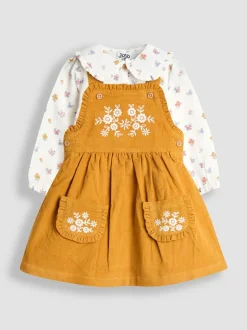 JoJo Maman Bébé Mustard Yellow Embroidered Cord Pinafore Dress & Blouse Set