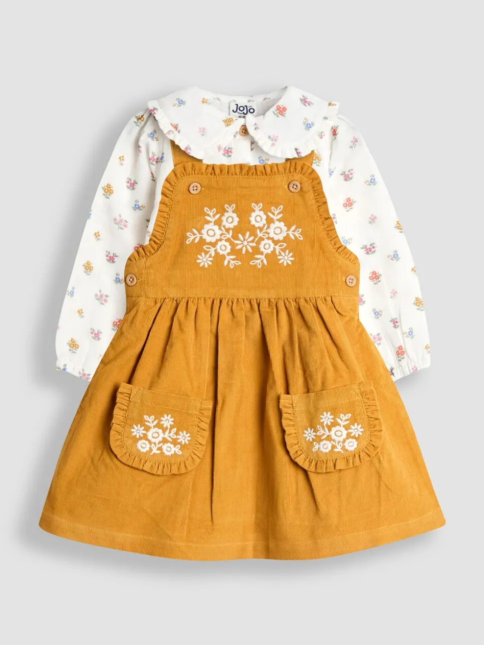 JoJo Maman Bébé Mustard Yellow Embroidered Cord Pinafore Dress & Blouse Set