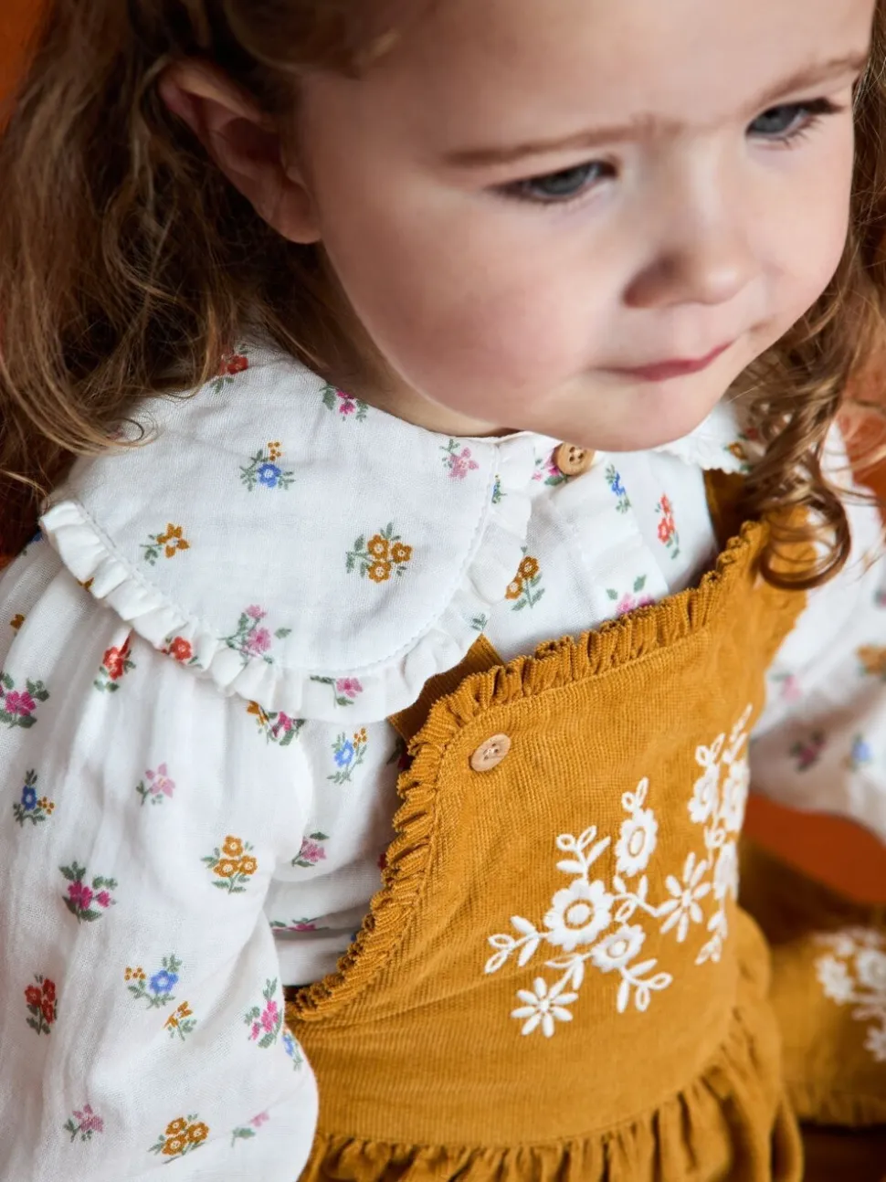 JoJo Maman Bébé Mustard Yellow Embroidered Cord Pinafore Dress & Blouse Set
