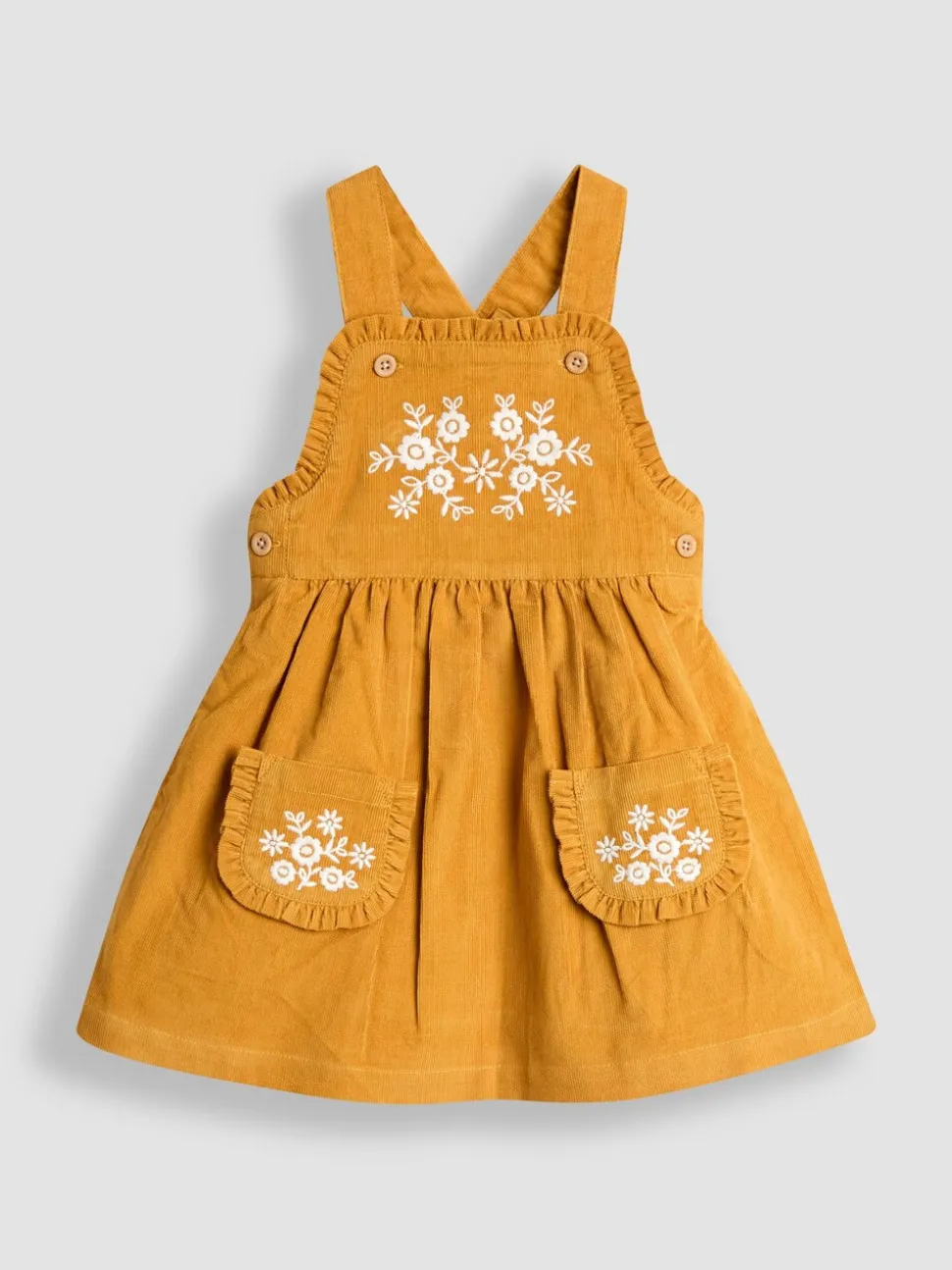 JoJo Maman Bébé Mustard Yellow Embroidered Cord Pinafore Dress & Blouse Set