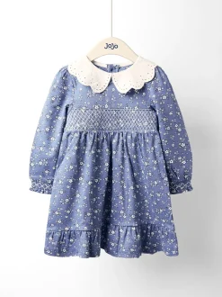 JoJo Maman Bébé Navy Blue Floral Smocked Jersey Dress with Broderie Collar