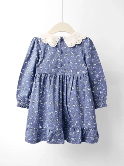 JoJo Maman Bébé Navy Blue Floral Smocked Jersey Dress with Broderie Collar