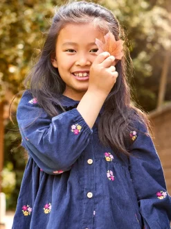 JoJo Maman Bébé Navy Blue Floral Embroidered Collar Cord Dress