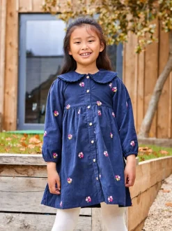 JoJo Maman Bébé Navy Blue Floral Embroidered Collar Cord Dress