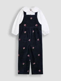 JoJo Maman Bébé Navy Blue Floral Embroidered Cord Dungarees & Blouse Set