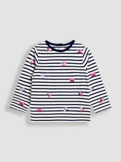 JoJo Maman Bébé Navy Blue Floral Butterfly Embroidered Top