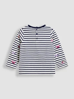 JoJo Maman Bébé Navy Blue Floral Butterfly Embroidered Top