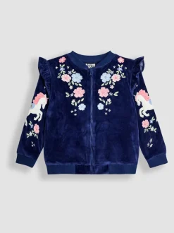 JoJo Maman Bébé Navy Blue Floral Unicorn Embroidered Frill Velour Jacket