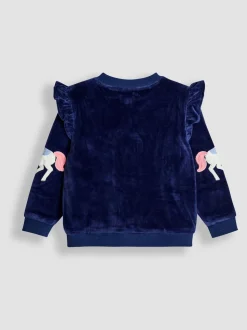 JoJo Maman Bébé Navy Blue Floral Unicorn Embroidered Frill Velour Jacket