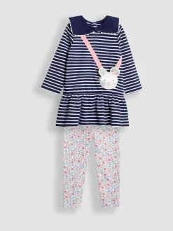 JoJo Maman Bébé Navy Blue Mouse Pocket Dress & Leggings Set