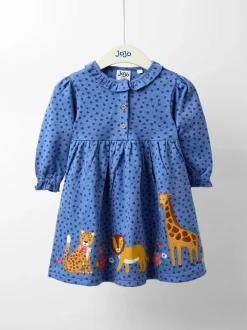 JoJo Maman Bébé Navy Blue Safari Animals Frill Collar Appliqué Dress