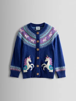 JoJo Maman Bébé Navy Blue Unicorn Fair Isle Appliqué Pocket Cardigan