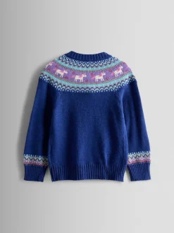 JoJo Maman Bébé Navy Blue Unicorn Fair Isle Appliqué Pocket Cardigan