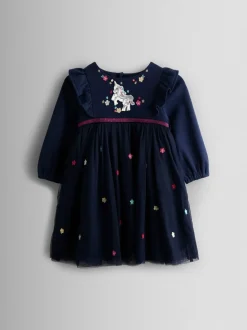 JoJo Maman Bébé Navy Blue Unicorn Appliqué Tulle Party Dress