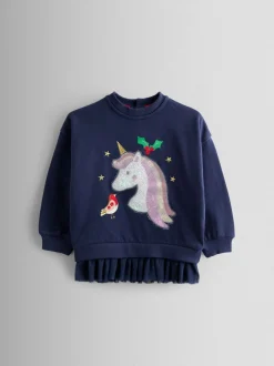 JoJo Maman Bébé Navy Blue Unicorn Appliqué Tulle Frill Sweatshirt