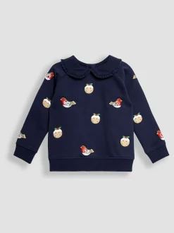 JoJo Maman Bébé Navy Christmas Pudding And Robin Applique Sweatshirt