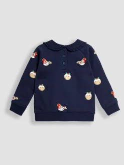 JoJo Maman Bébé Navy Christmas Pudding And Robin Applique Sweatshirt