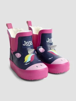 JoJo Maman Bébé Navy/Pink Unicorn Print Short Wellies