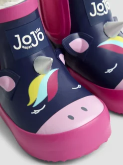 JoJo Maman Bébé Navy/Pink Unicorn Print Short Wellies