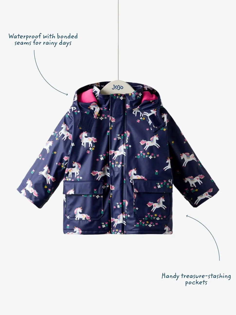 JoJo Maman Bébé Navy Unicorn Waterproof Cosy Lined Jacket