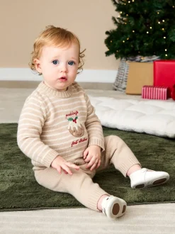 JoJo Maman Bébé Oatmeal My First Christmas Pudding Knitted Set