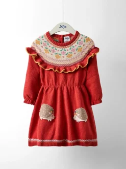 JoJo Maman Bébé Orange Rust Hedgehog Fairisle Knitted Dress