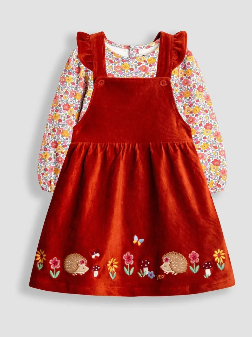JoJo Maman Bébé Orange Rust Hedgehog Appliqué Pinafore Dress & Top Set