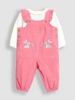 JoJo Maman Bébé Pink Bunny Appliqué Cord Dungarees & Top Set