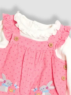 JoJo Maman Bébé Pink Bunny Appliqué Cord Dungarees & Top Set